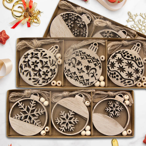 12 pçs/caixa bola de madeira pingente oco natal floco de neve pendurado ornamentos para decorações da árvore noel diy presentes embrulho suprimentos