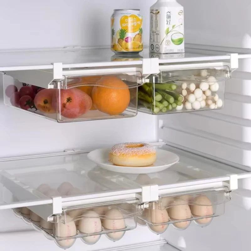 Organizador de geladeira, ovo de frutas, rack de armazenamento sob a prateleira, caixa de gaveta de geladeira, organizador de cozinha para manter fresco