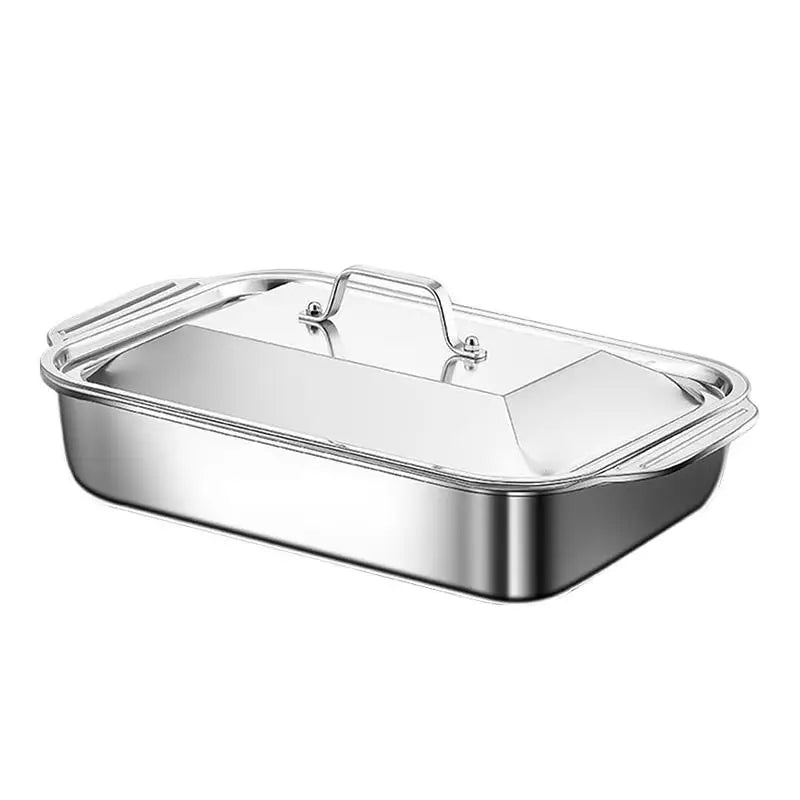 Assadeira Profunda de Aço Inoxidável, Bandeja de Cozimento com Tampa, Panela Resistente ao Calor para Forno, Ideal para Grelhar e Cozinhar Diariamente
