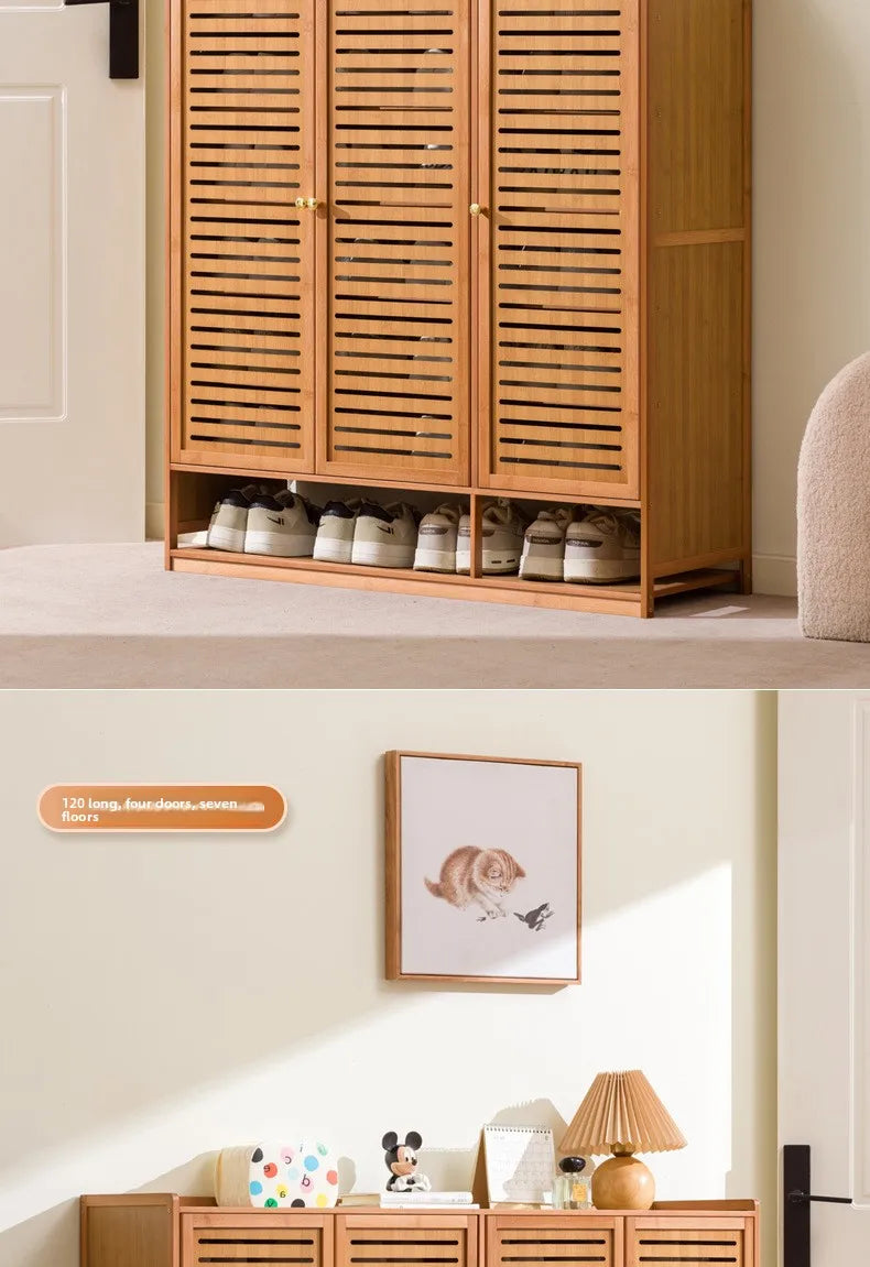Armário de Sapatos de Bambu com Porta de Persiana, Armário de Armazenamento Multicamadas para Sala de Estar, Armário de Jantar, Armário de Utensílios de Cozinha