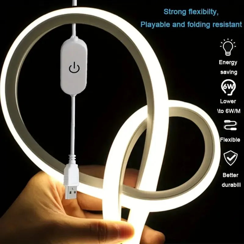 Fita de LED Neon USB DC 5V com Sensor de Toque Regulável, Fita de Silicone Flexível à Prova d'Água para Decoração de Ambientes Externos