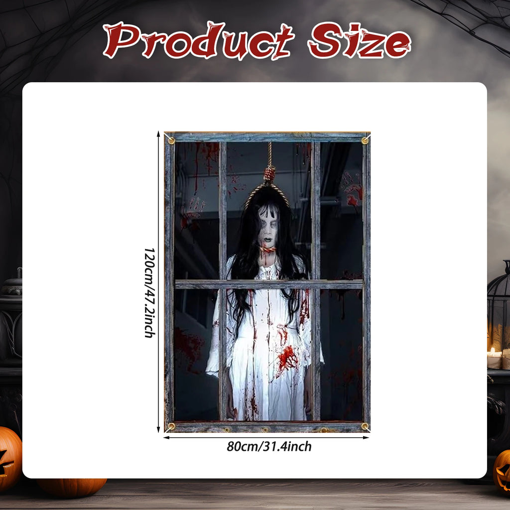 Decorações de capa de janela de Halloween – Tecido assustador, pôster de cortina de silhueta de porta assustadora para decoração de festa interna e externa