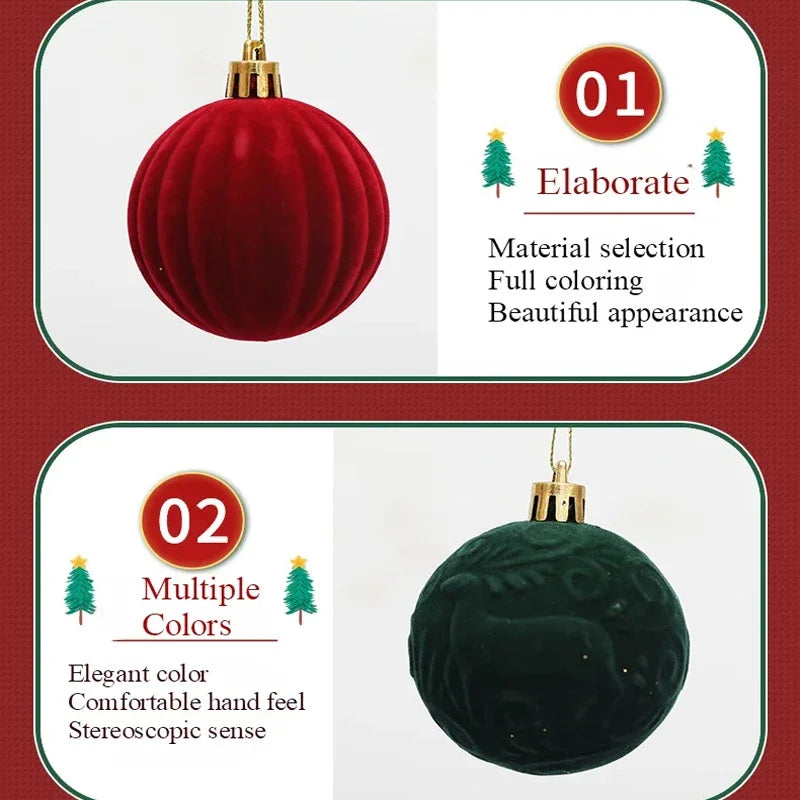 12 Peças de Enfeites de Árvore de Natal em Veludo, Bolas de Natal Flocadas, Decorações de Bolas de Natal, Enfeites de Natal para Pendurar na Árvore