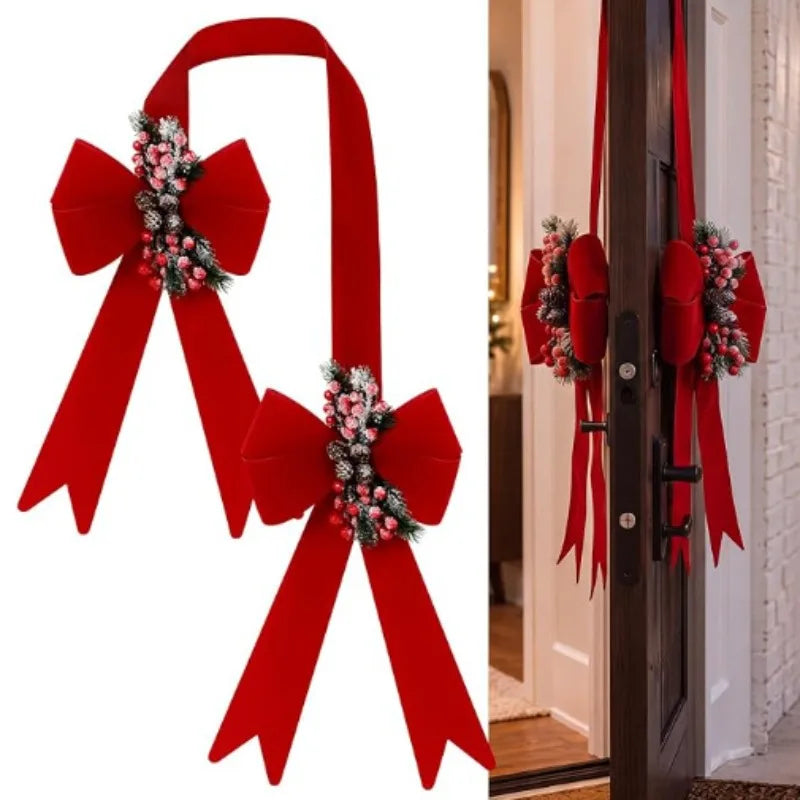 Decorações de Natal para Porta com Laços, Escapulários, Ramos de Pinheiro e Bagas Vermelhas, Pingente de Natal e Ano Novo, Decoração Externa