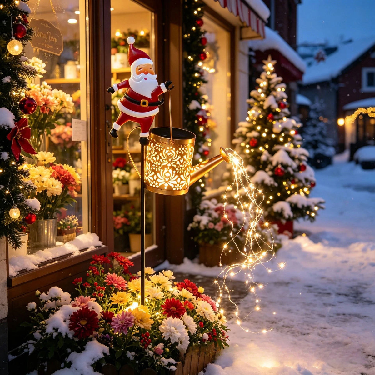 Lanterna Solar de Natal com Papai Noel para Jardim, Regador de Metal à Prova d'Água para Decoração de Quintal e Pátio