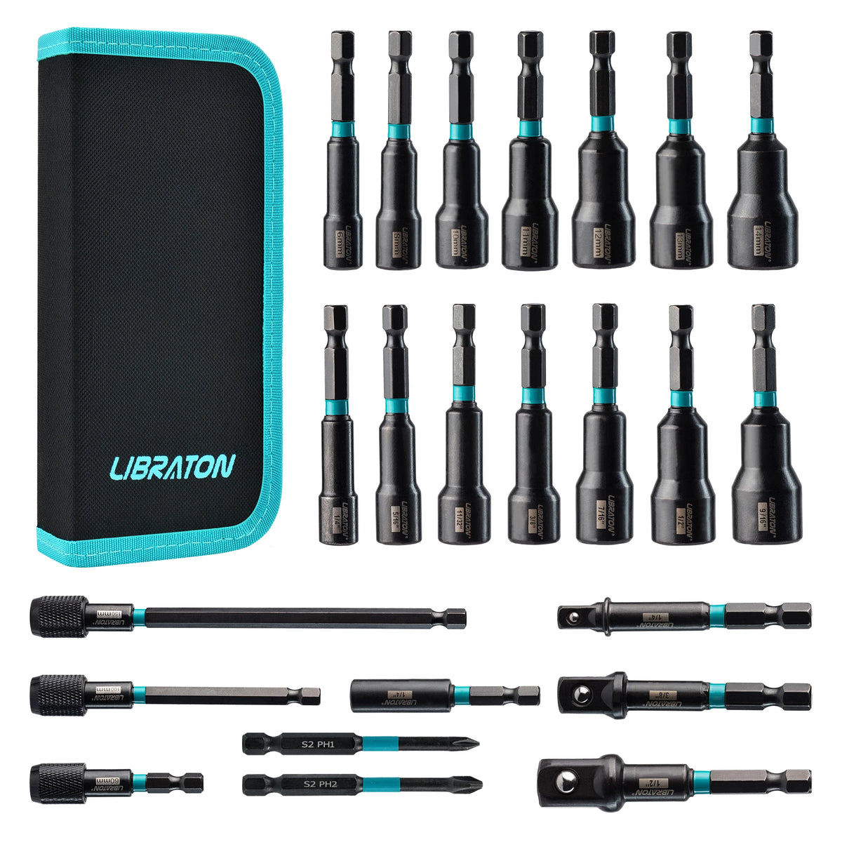 Libraton 23 pçs conjunto de driver de porca magnética conjunto de broca de impacto métrico sae porca driver impacto soquete adaptadores bit titular