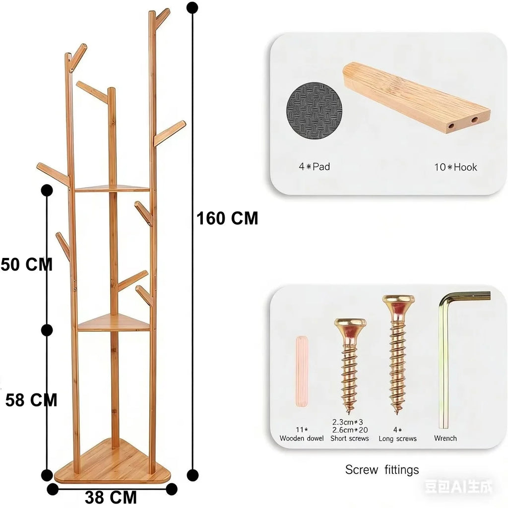 Cabideiro de Bambu: Cabideiro Robusto com 9 Ganchos e Base Estável, Cabideiro para Entrada, Capacidade Máxima de Carga 15kg, Ideal para Casa, Quarto, Sala de Estar, 160X36X36Cm