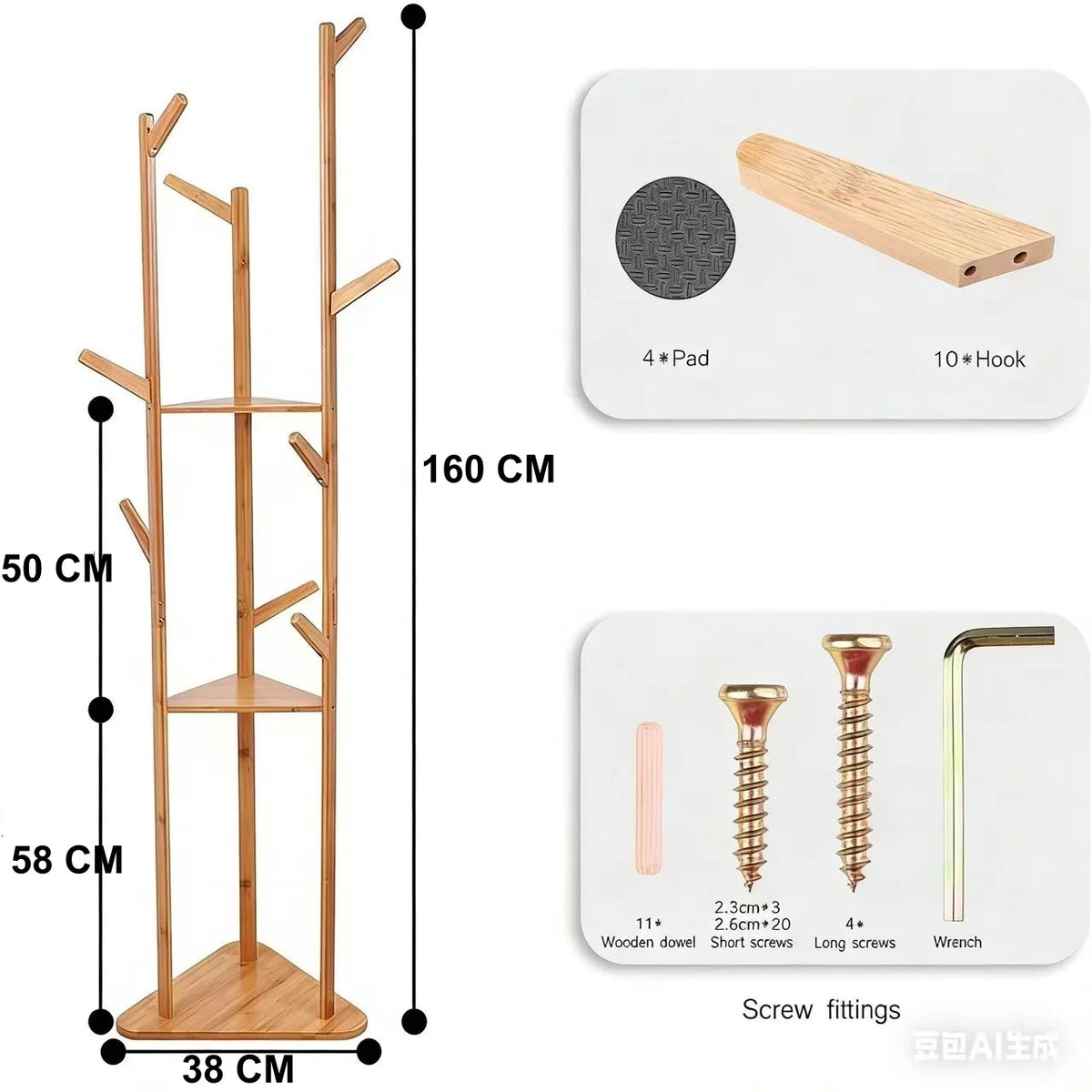Cabideiro de Bambu: Cabideiro Robusto com 9 Ganchos e Base Estável, Cabideiro para Entrada, Capacidade Máxima de Carga 15kg, Ideal para Casa, Quarto, Sala de Estar, 160X36X36Cm