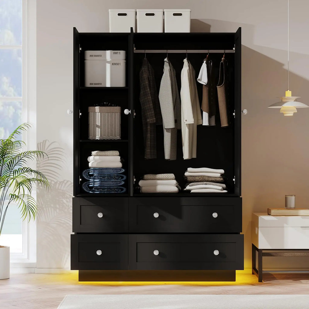 Guarda-roupa com 3 portas, armário de quarto com espelho e 4 gavetas.