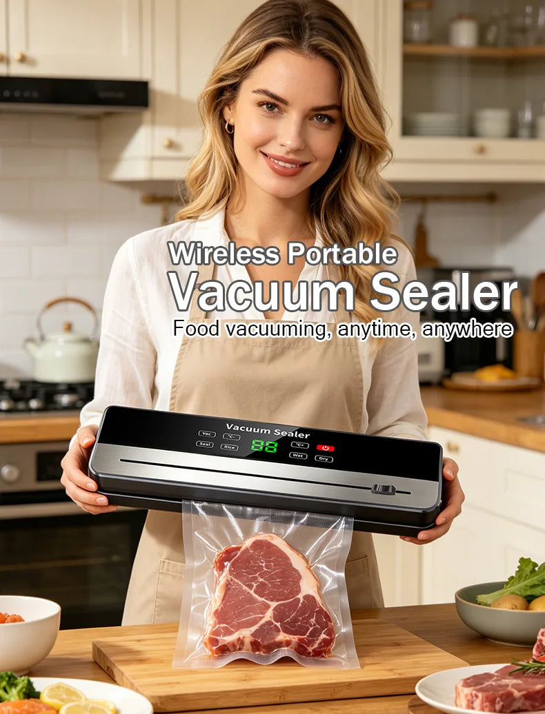 Selador a Vácuo Portátil com Forte Sucção e Carregamento Sem Fio USB |   Selador de Alimentos Secos/Úmidos para Cozinha