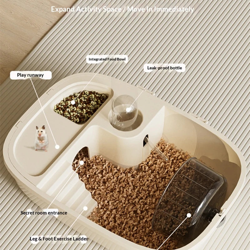 Gaiola de Luxo para Hamster Dourado de Grande Capacidade, Habitat Villa com Plataforma Grande de 2 Camadas, Ninho para Esconderijo, Suprimentos para Pequenos Animais de Estimação