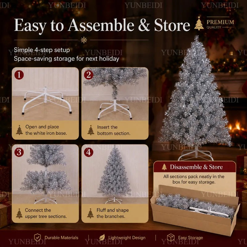 Árvore de Natal Artificial Prateada em PVC 120-240cm de Alta Qualidade com Luzes LED Quentes, Decoração para Festa de Natal em Casa