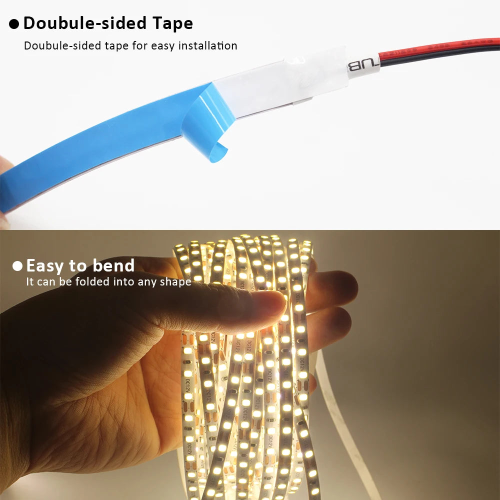 Fita de LED 12V 5m SMD 2835 5mm 8mm, Fita Flexível para Iluminação Decorativa Interna