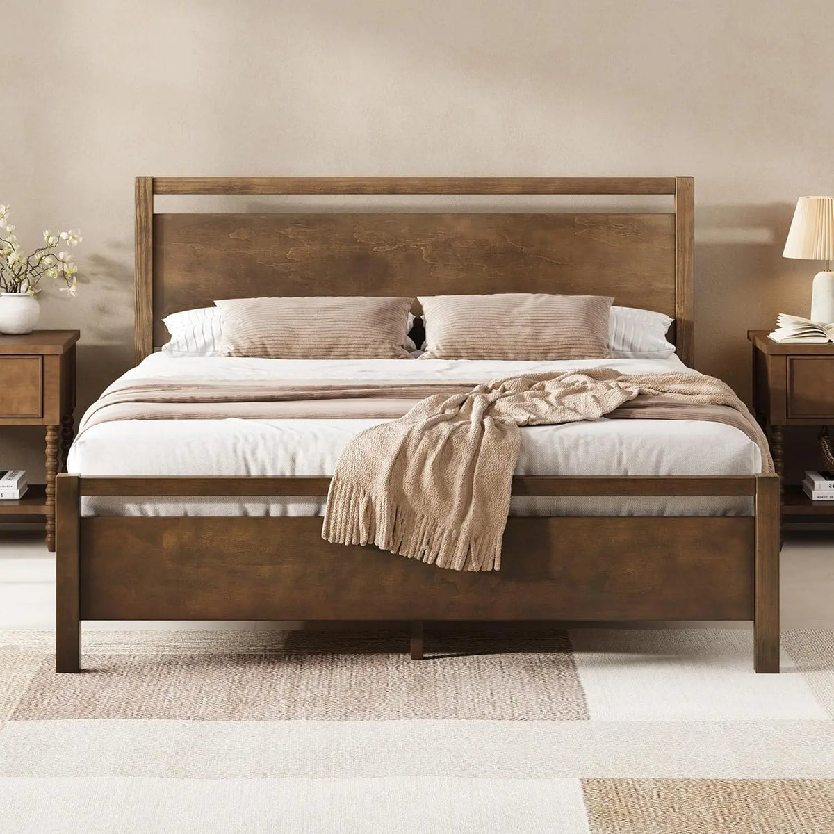Cama Queen Size de Madeira Maciça com Cabeceira, Cama Plataforma Minimalista com Suporte de Ripas de Madeira/Sem Box Spring, Personalizável