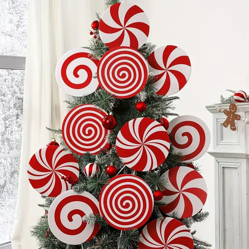 Conjunto de 4/8 decorações para árvore de Natal com design de bala de menta vermelha e branca, ideal para decorar o topo da sua árvore.