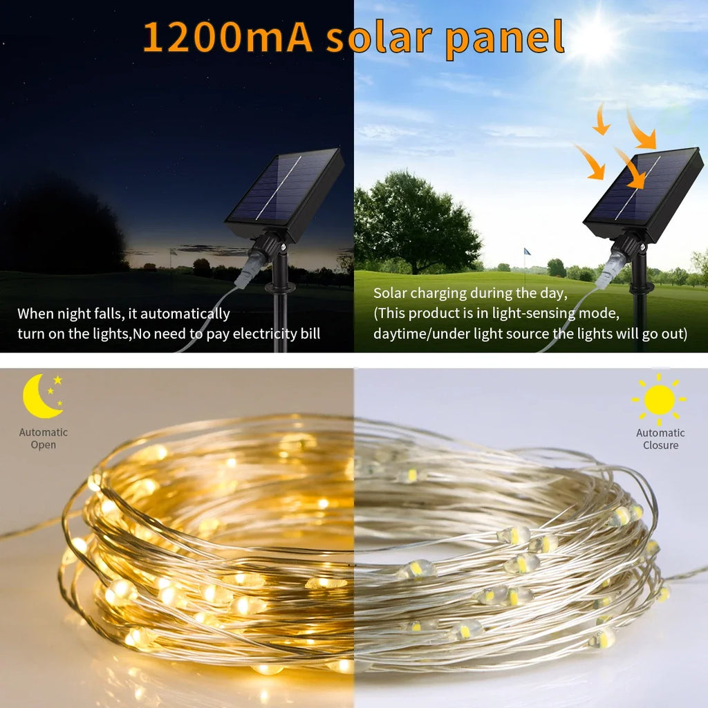 Luzes solares LED à prova d'água para exterior, cordão de luzes de fada, guirlanda de jardim, lâmpada solar de painel grande para decoração de festas