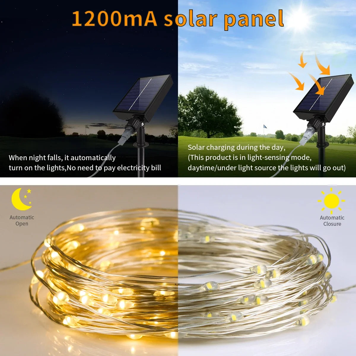Luzes solares LED à prova d'água para exterior, cordão de luzes de fada, guirlanda de jardim, lâmpada solar de painel grande para decoração de festas