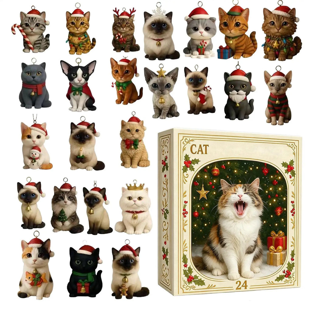 Calendário de contagem regressiva de Natal com tema de gato, 24 dias, enfeites de gato em acrílico 2D, calendário de advento, enfeite para árvore de Natal, presente colecionável.