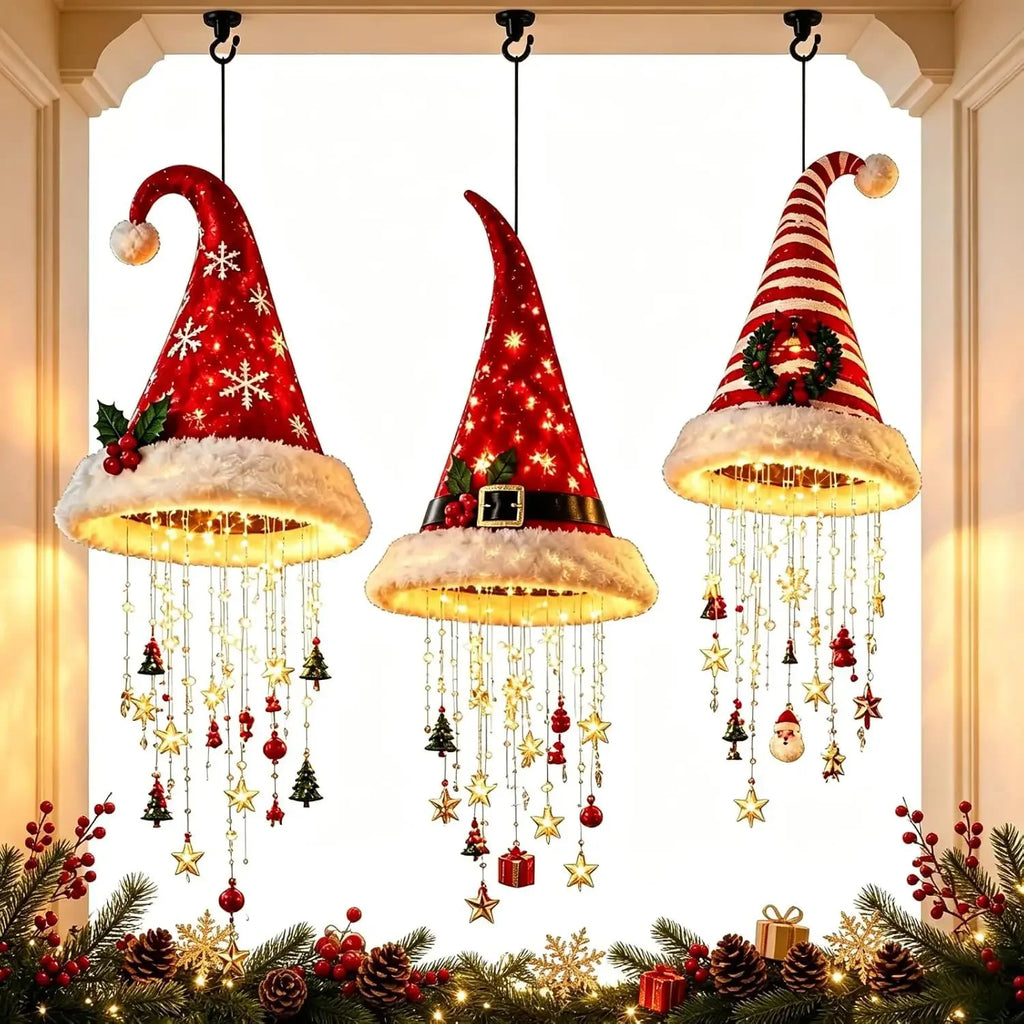Decoração de Natal: Chapéu de Papai Noel para Pendurar, Luz de Teto com Estrela, Sino e Enfeite de Árvore, Decoração para Festas e Festividades de Natal em Casa