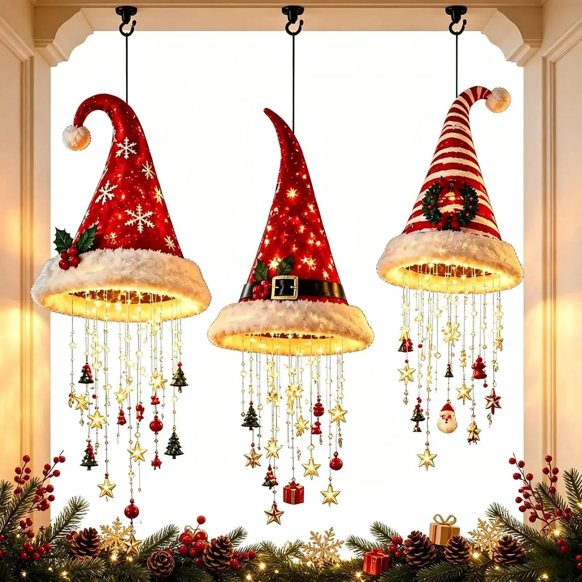Decoração de Natal: Chapéu de Papai Noel para Pendurar, Luz de Teto com Estrela, Sino e Enfeite de Árvore, Decoração para Festas e Festividades de Natal em Casa