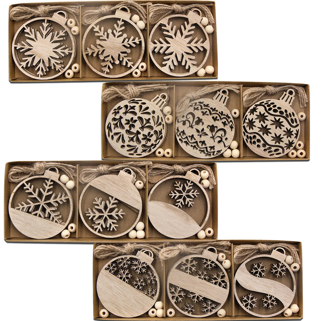 12 pçs/caixa bola de madeira pingente oco natal floco de neve pendurado ornamentos para decorações da árvore noel diy presentes embrulho suprimentos