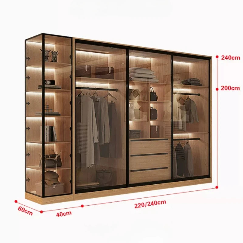 Bedroom Household Solid Wood Sliding Door Wardrobe Glass Double Wardrobes Storage Cabinet Clothes Closet Clothing Home Furniture