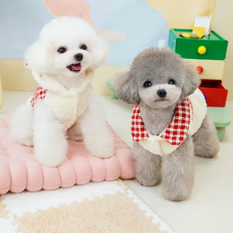 Quente de pelúcia cão com capuz jaqueta bonito arco vestido do cão casaco inverno animal de estimação filhote de cachorro traje vermelho xadrez gato jaqueta casaco pet cardigan roupas para cães