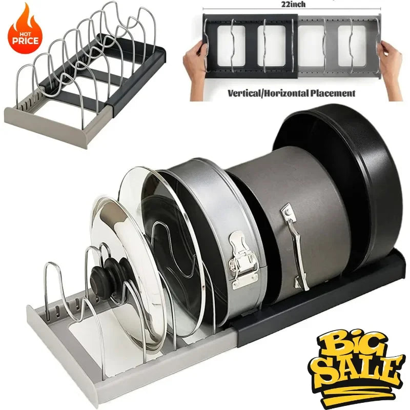 Suporte organizador expansível para panelas e frigideiras, suporte ajustável para tampas de armários sob a pia, organizador de cozinha que economiza espaço para guardar utensílios de cozinha.