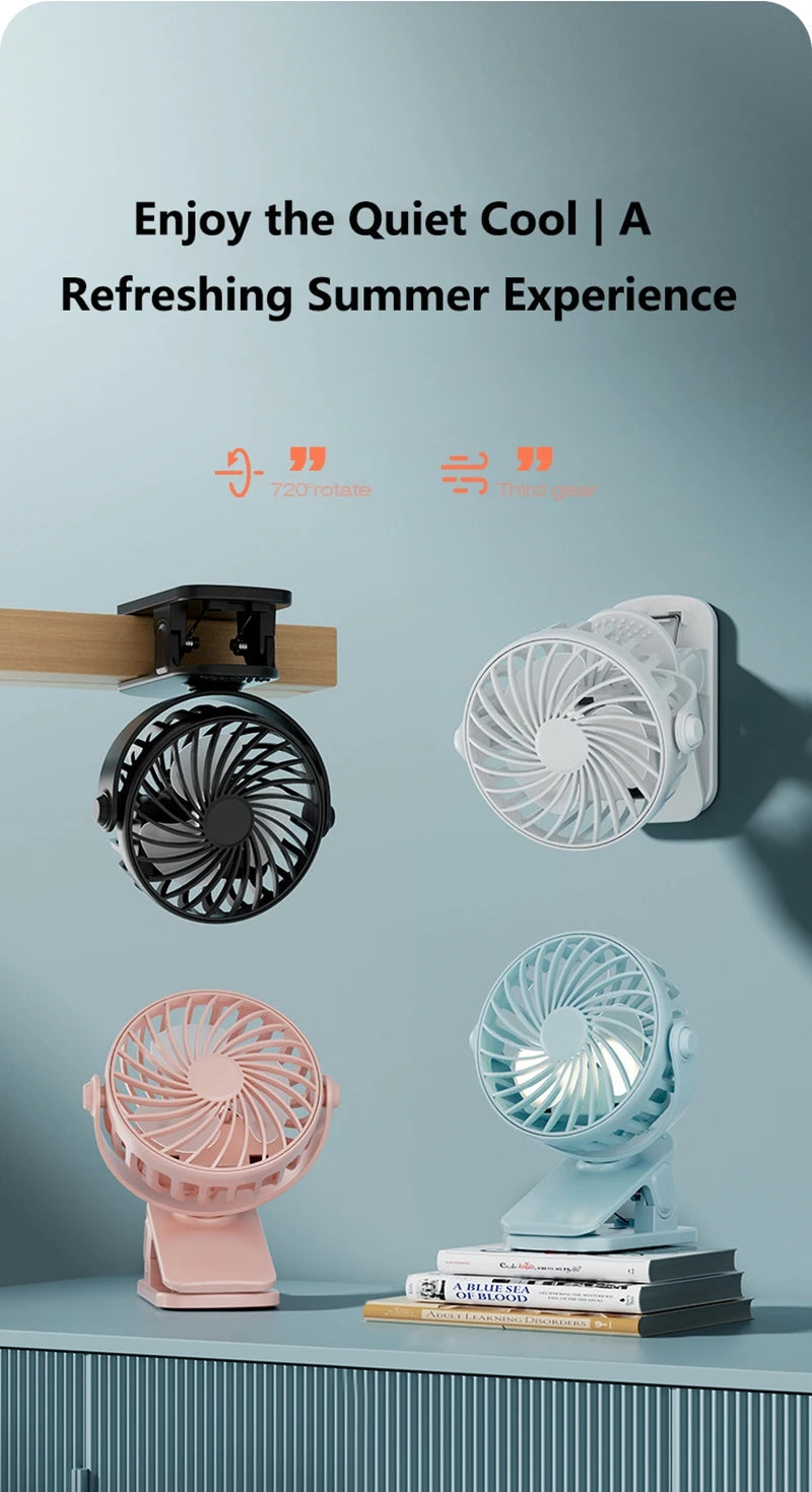 Mini Ventilador Portátil 720 ° Ventilador Portátil Recarregável USB com Lâmpada Noturna Integrada e Rotação, Fluxo de Ar Potente para Viagens, Camping e Atividades ao Ar Livre
