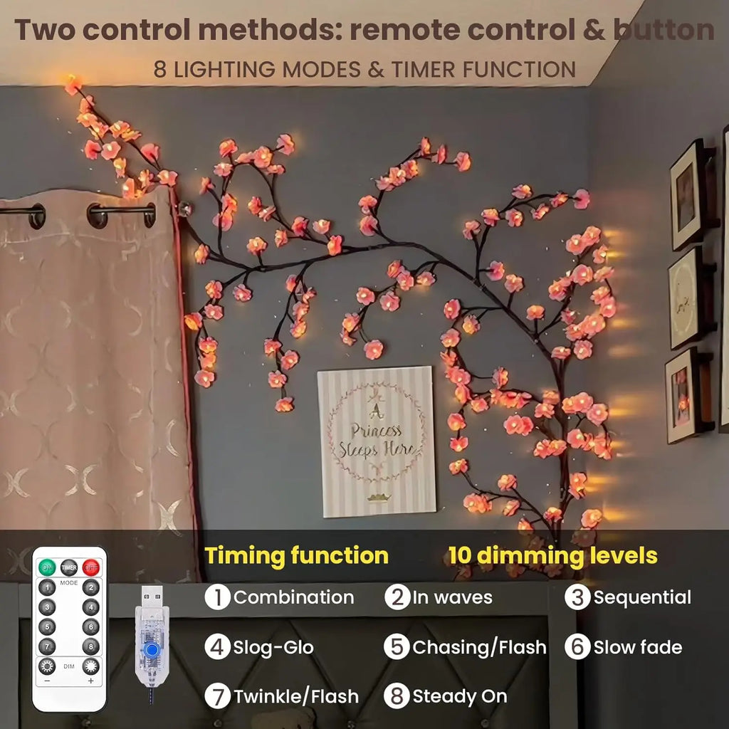 Cereja led ramo de árvore luzes para parede flor de cerejeira salgueiro videira galho decoração guirlanda decorações de natal porta de parede interior casa