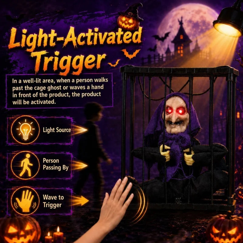 Decoração de Festa de Halloween, Ornamento de Gaiola de Bruxa, Decoração Animada com Olhos Iluminados por Sensor de Movimento, Fantasma Pendurado para Casa Assombrada