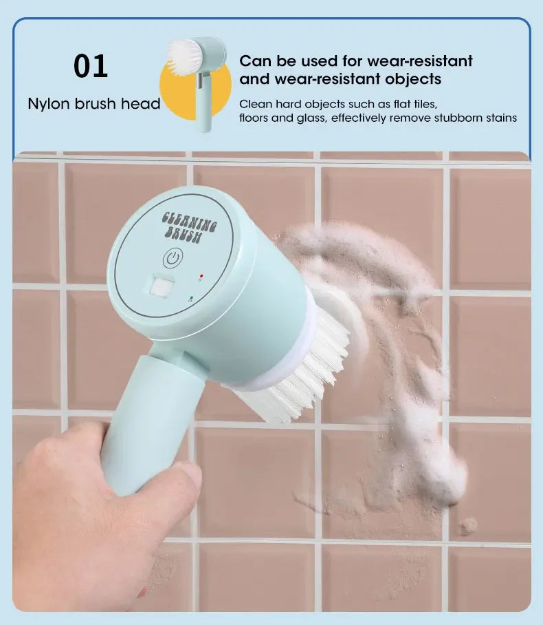 Purificador giratório elétrico sem fio 2025 com 5 escovas, limpador de banheiro recarregável à prova d'água IPX7 para limpeza de azulejos/doche/gravos