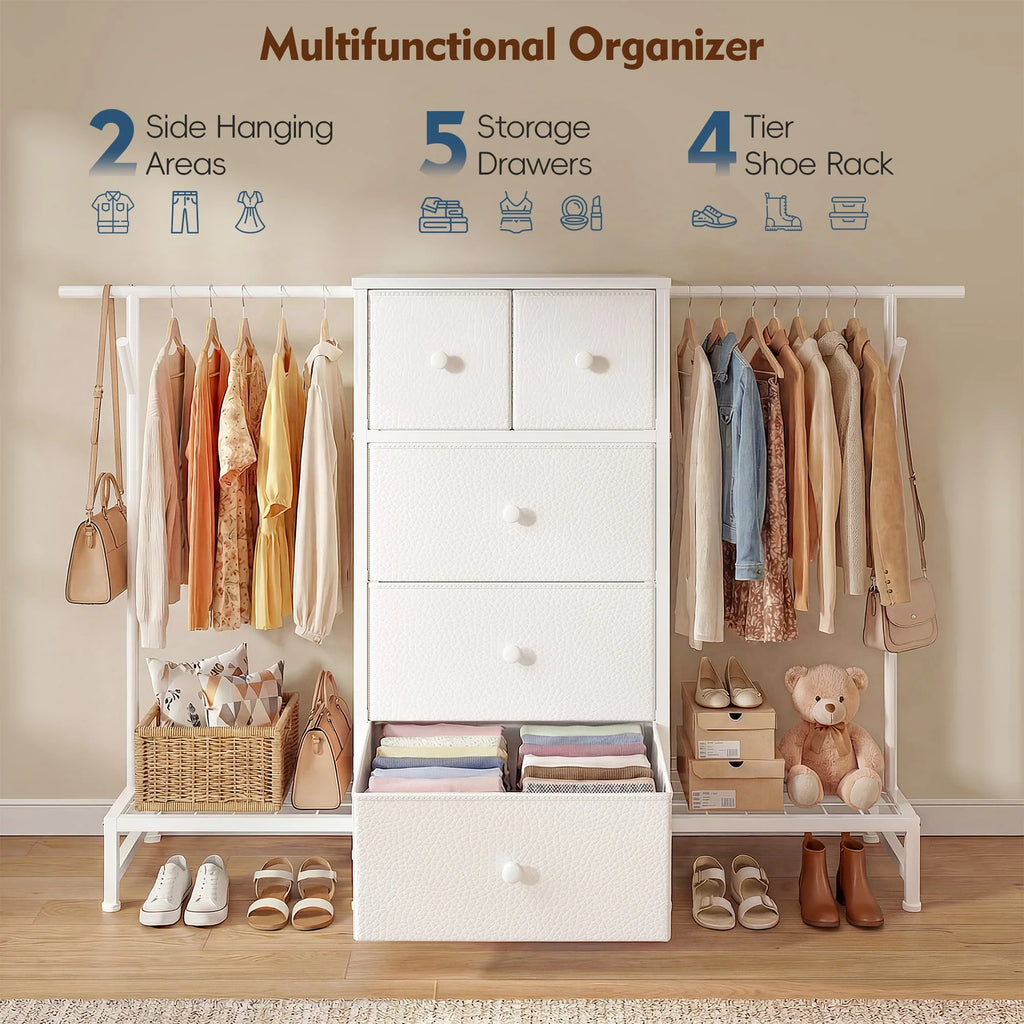 Cômoda e Cabideiro 3 em 1 – 147 cm de Largura com 5 Gavetas e Sapateira, Ganchos Laterais para Armazenamento no Quarto e Closet