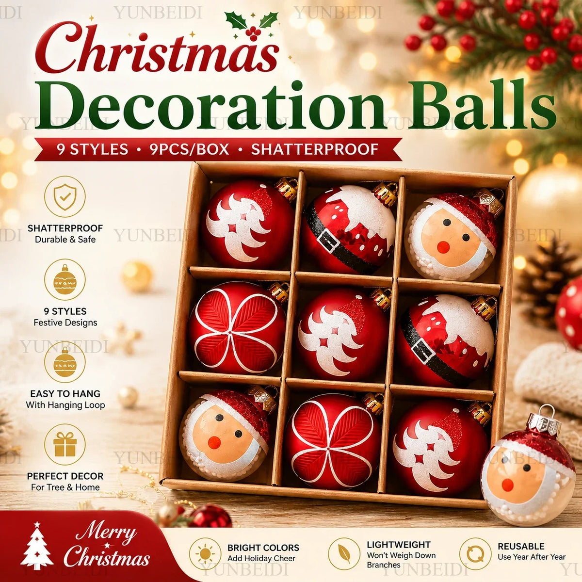 Enfeites de Bolas de Natal 9PCS 6cm Conjunto de Bolas de Plástico DIY Decorações para Pendurar na Árvore Vermelho Verde para Decoração de Natal em Casa e Festas
