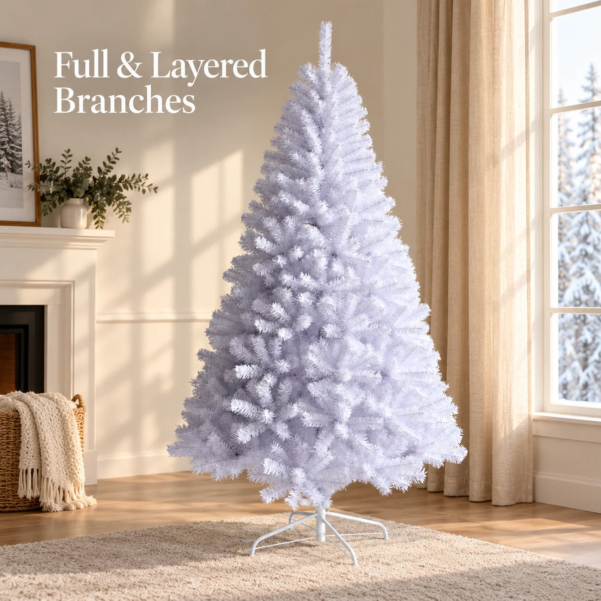 Árvore de Natal artificial branca, totalmente em PVC, 120-240 cm, com ramos densos, suporte de metal opcional, luzes quentes, decoração de Natal para casa.