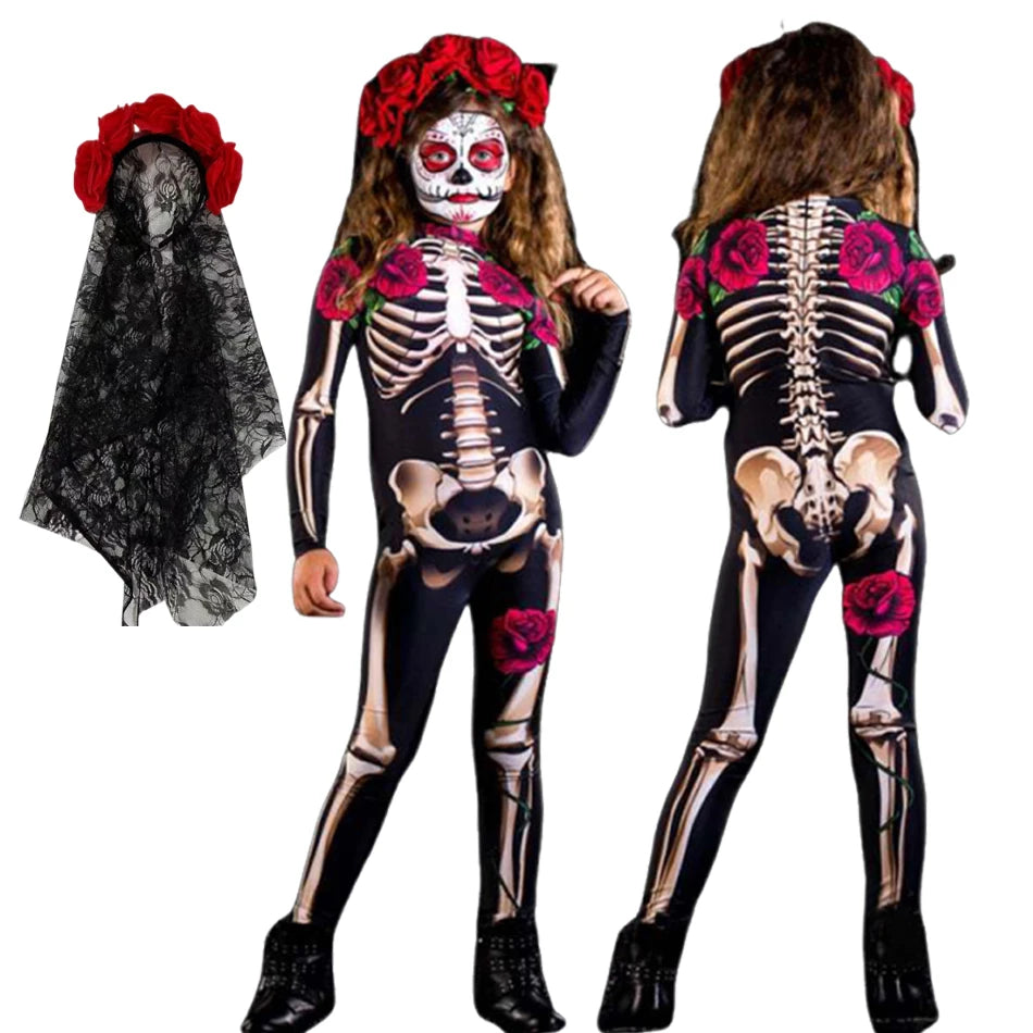 2025 meninas rosa esqueleto crianças assustador traje halloween cosplay fantasma noiva macacão carnaval festa crianças macacão roupas