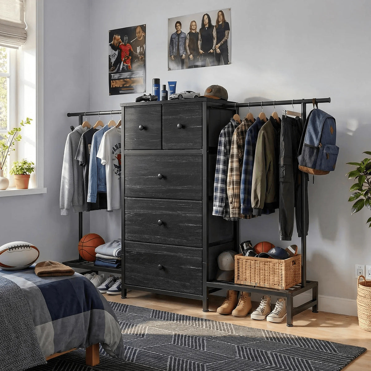 Cômoda e Cabideiro 3 em 1 – 147 cm de Largura com 5 Gavetas e Sapateira, Ganchos Laterais para Armazenamento no Quarto e Closet