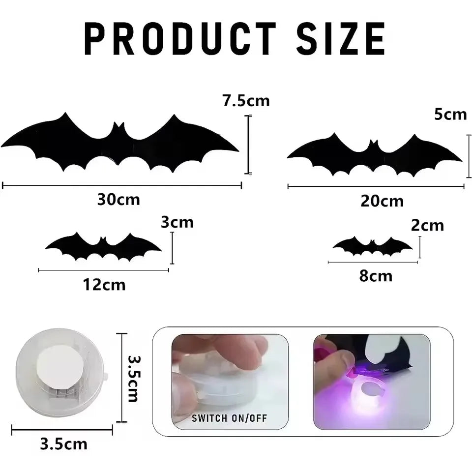 Luz Noturna LED Halloween Morcego Estéreo 3D Adesivo de Parede Material PET Enfeite Festivo para Celebrações Reuniões Residência Ornamento Luminoso Decorativo Ambiente Interior