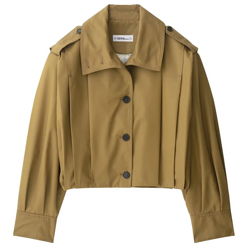 HXAO Women's Jackets Brown Pleated Jacket Spring Summer 2025 Cropped Bomber Button Long Sleeve Coats Outerwears Aviator Jackets