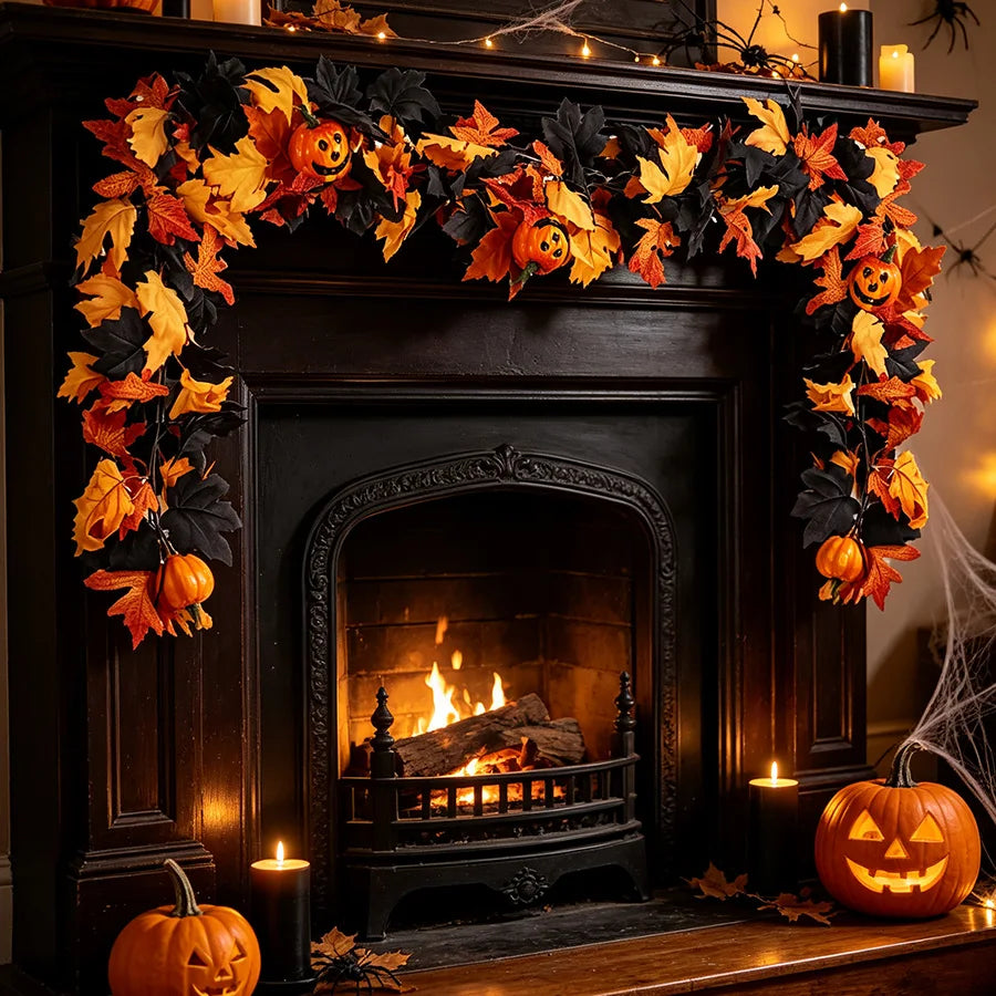 Decorações de Guirlanda de Halloween com Folhas Pretas e Abóboras 3D para o Festival de Ação de Graças e Decoração de Lareira