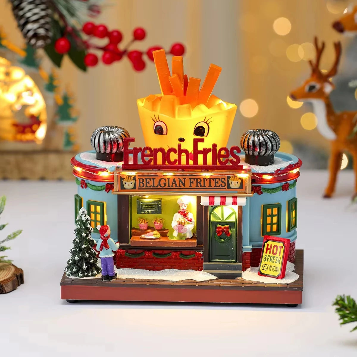 Caixa de Música Iluminada de Natal, Ornamento de Papai Noel em Resina, Caixa de Presente, Decoração de Natal para Casa, Cozinha, Café, Janela, Festa de Fim de Ano
