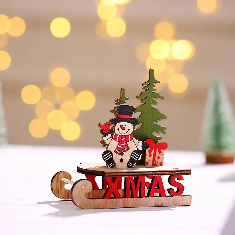 Decorações de natal de madeira diy trenó esqui dos desenhos animados santa ornamento de mesa presente das crianças pequeno presente