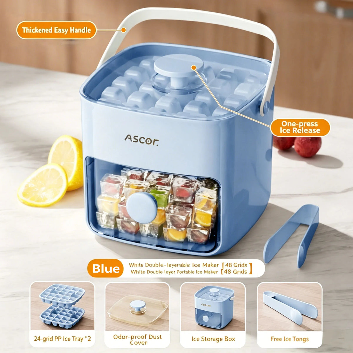 Forma de Gelo de Camada Dupla com Prensa para Cubos e Bolas de Gelo, Bandeja de Gelo com Caixa de Armazenamento, para Geladeira, DIY Caseiro para Cozinha Doméstica