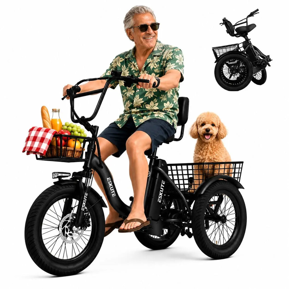 Peak 1200W Folding Electric Trike 18x3.0 Fat Tire 624Wh Battery Step-Thru 3 Wheel Ebike 65 Miles 18 MPH Adults, Customized