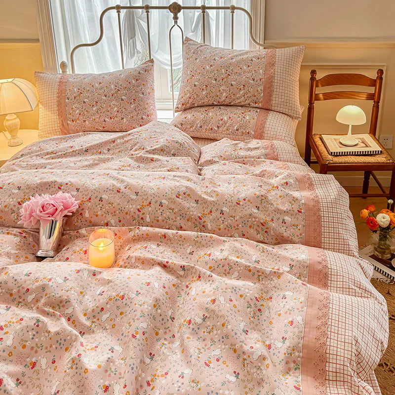 3 pçs floral conjunto de capa edredão fronhas sem enchimento coreano rendas conjunto cama gêmeo único rainha tamanho meninas linho
