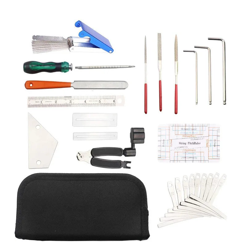 Kit de ferramentas para reparo de manutenção de guitarra, organizador de cordas, régua de ação, ferramenta de medição, chave sextavada, conjunto de arquivos fin