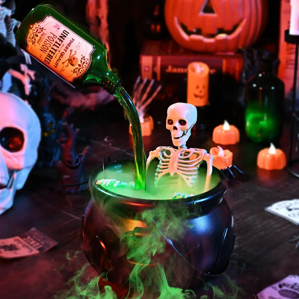 Halloween WitchCauldron com luz LED e névoa Mist Maker Esqueleto Decoração para festa assustadora de Hocus Pocus, casa, festa de Halloween