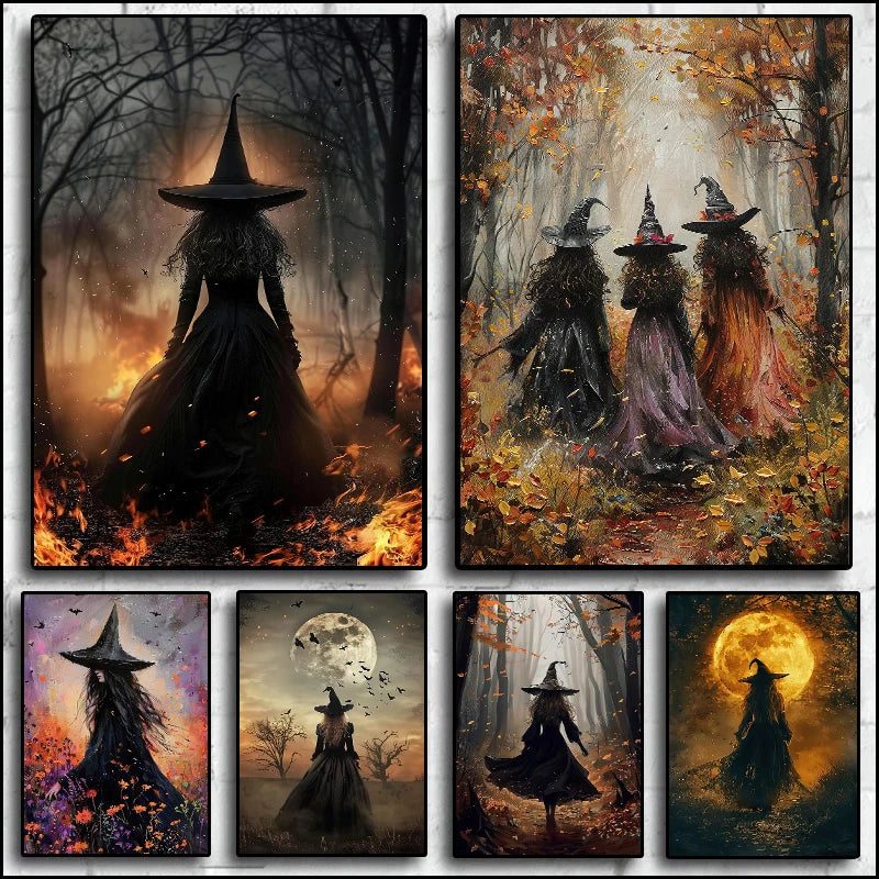 Pôster de Decoração de Parede de Halloween: Bruxa Sombria no Bosque com Flores - Impressão em Tela Sem Moldura para Decoração Festiva de Casa