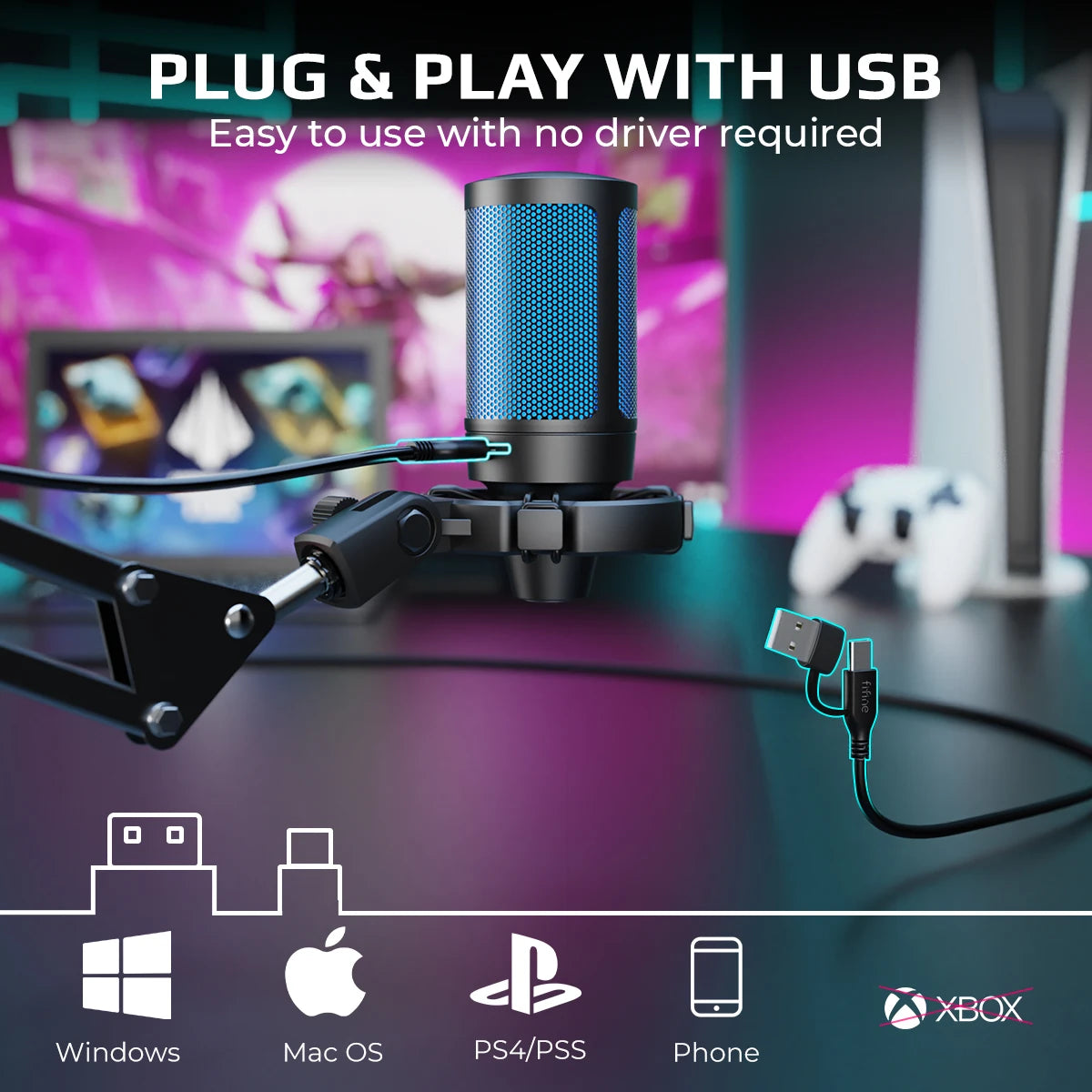 FIFINE Ampligame A2T Gaming Microphone Kit with Boom Arm for Streaming, Tap-to Mute & RGB Lighting, Plug and Play for PC/PS4/5
