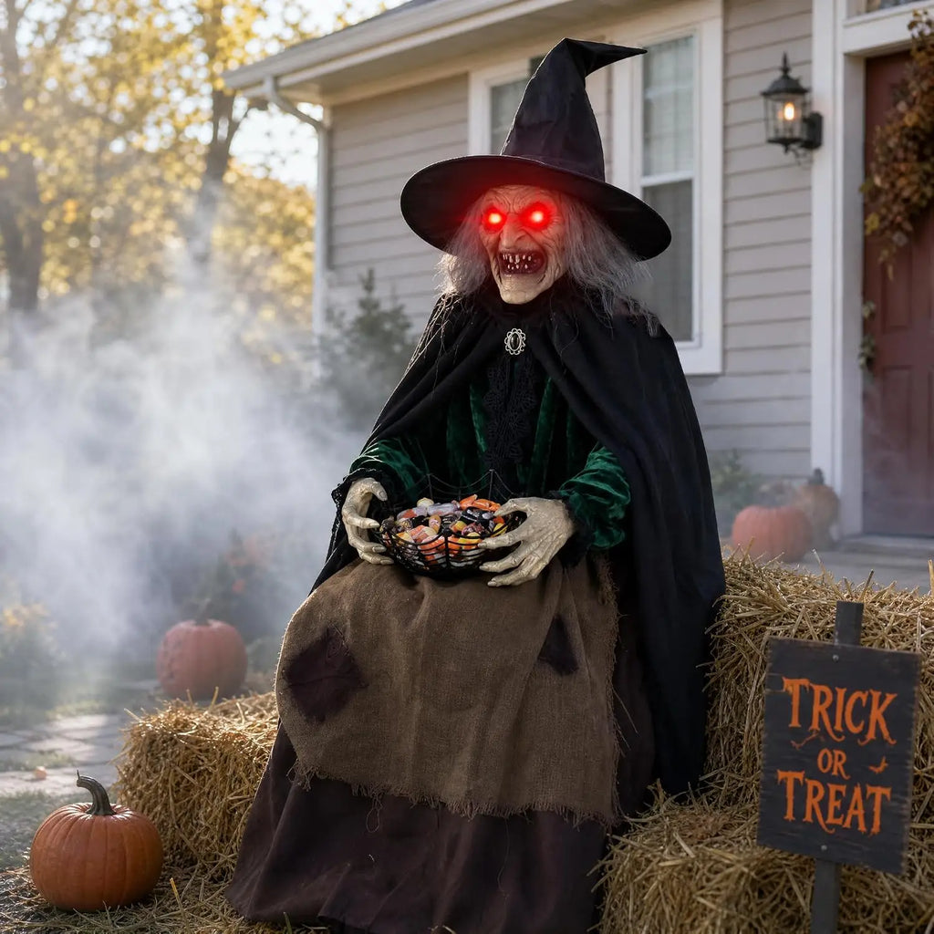 Decorações de Bruxa Animadas para Halloween com Som e Movimento, Olhos Brilhantes, Decoração Assustadora para Varanda e Jardim